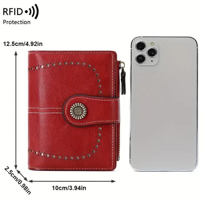 Retro three-fold RFID shielding women's short wallet, solid color large capacity daily fashion versatile clutch bag