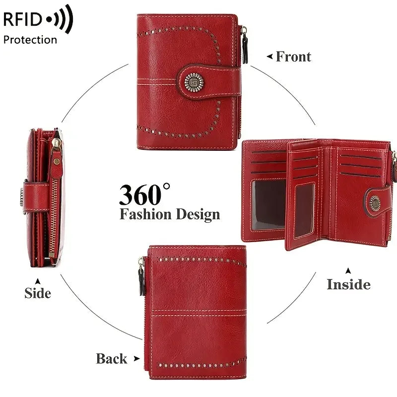 Retro three-fold RFID shielding women's short wallet, solid color large capacity daily fashion versatile clutch bag