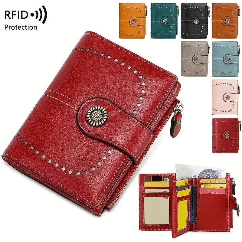 Retro three-fold RFID shielding women's short wallet, solid color large capacity daily fashion versatile clutch bag