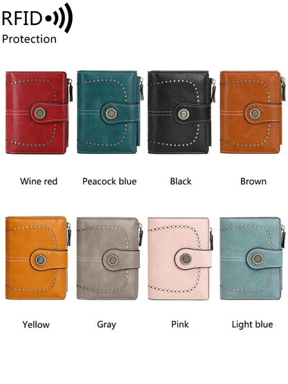 Retro three-fold RFID shielding women's short wallet, solid color large capacity daily fashion versatile clutch bag